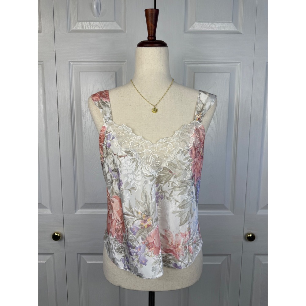 Vintage Lucie Ann Floral Satin Camisole Medium Lace Trim Romantic Y2K - Picture 2 of 9